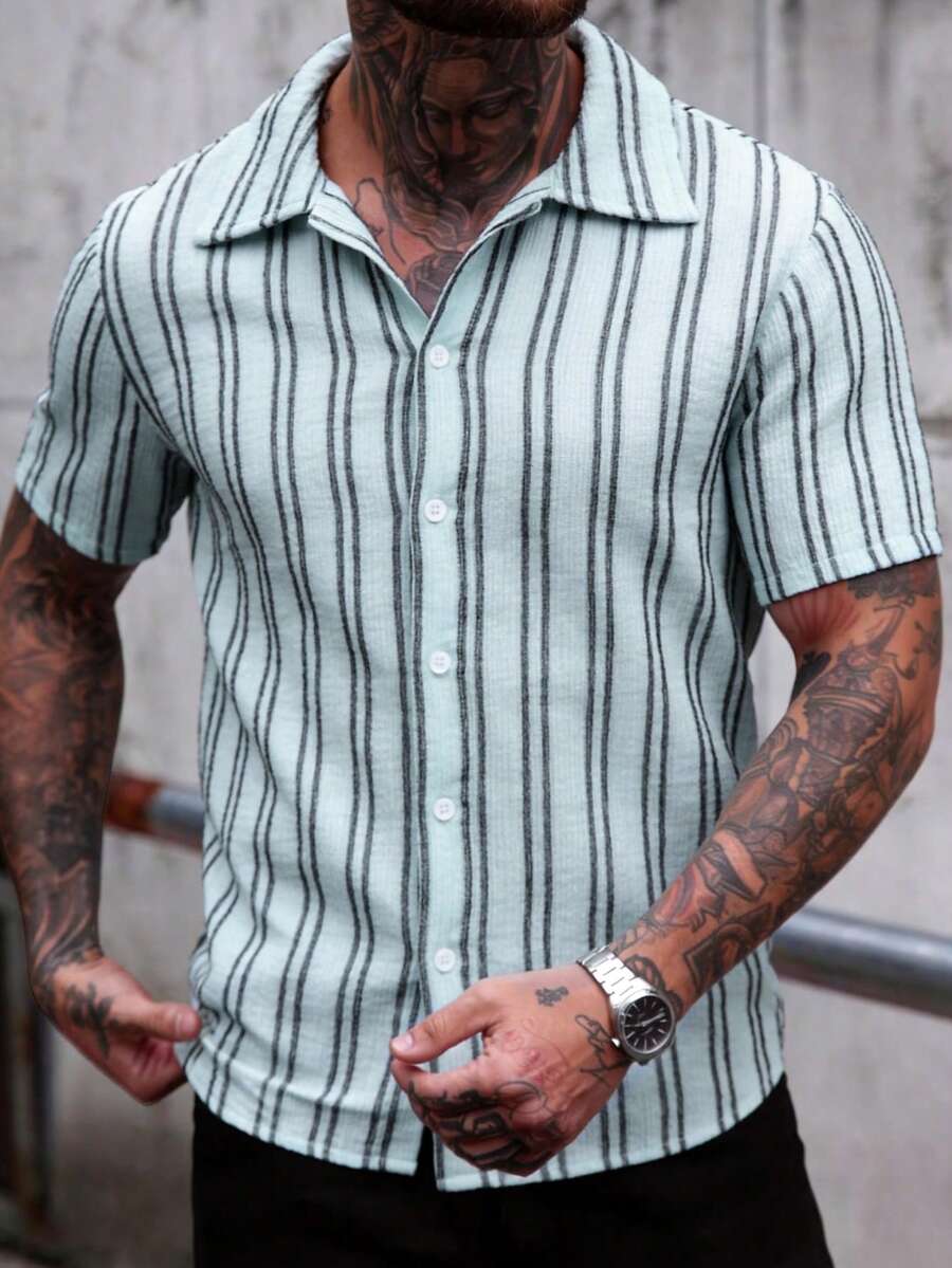 EGENSIO 男士条纹纹理衬衫，舒适的夏季服装 - 綠色 - 查看 1