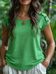 EMERY ROSE Women's Button Decor Round Neck Short Sleeve T-Shirt - Green - View 7