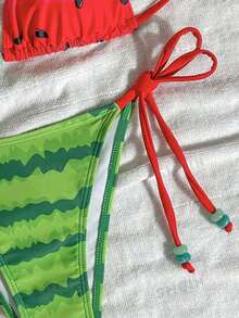 Swim Mod Women's Watermelon Print Halter Neck Swimwear Set - Red - View 7