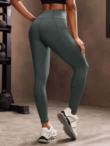 Powerista Mallas deportivas con bolsillo para teléfono y cintura ancha para mujer - Gris - Ver 3