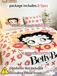 Betty Boop X Joivida Betty 2/3件組 100%聚酯纖維 奶油般柔軟舒適透氣面料，全夜舒適寢具 (被套 + 1/2個枕套，不含被芯)，四季通用現代聚酯纖維寢具系列 - 彩色 - 查看 2
