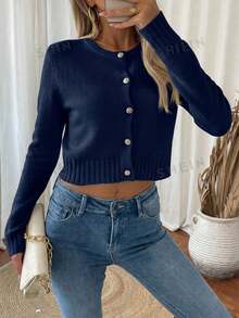 SHEIN LUNE كارديجان طويل الأكمام أنيق ذو لون أحادي مع أزرار أمامية مناسب الحجم خفيف الوزن - أزرق غامق - مشاهدة 4