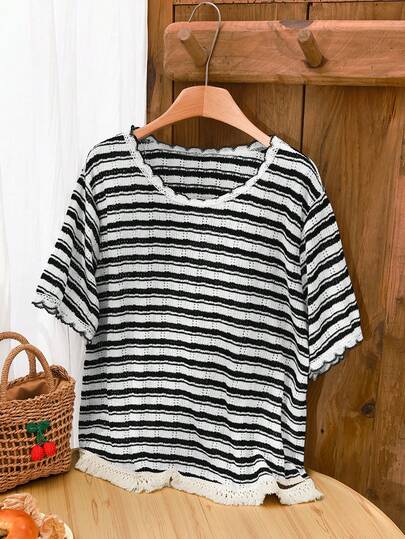 Elaquor Plus size dames zomer casual gestreept losvallend T-shirt met ronde hals