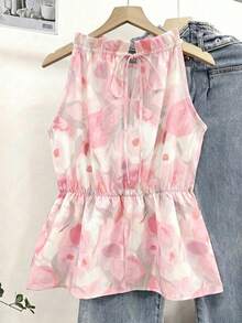 Franclia Women's Romantic Elegant Floral Print Tie-Front Ruffle Hem Fashionable Top Brunch Vacation White Floral Summer - Pink - View 2