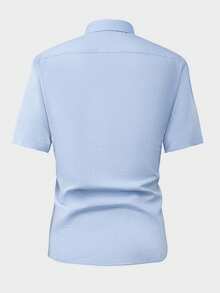 Manfinity Bizformal Kemeja Pria Lengan Pendek Warna Biru Muda Kasual/Kantor, Saku Patchwork, Serbaguna untuk Musim Panas, Formal - Baby Blue - View 2