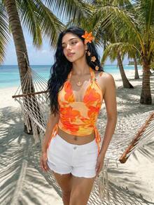 Sweetina Áo tank top nữ in hoa, thời trang, đa năng, có khóa kim loại, dây rút, cổ yếm. - trái cam - Xem 3