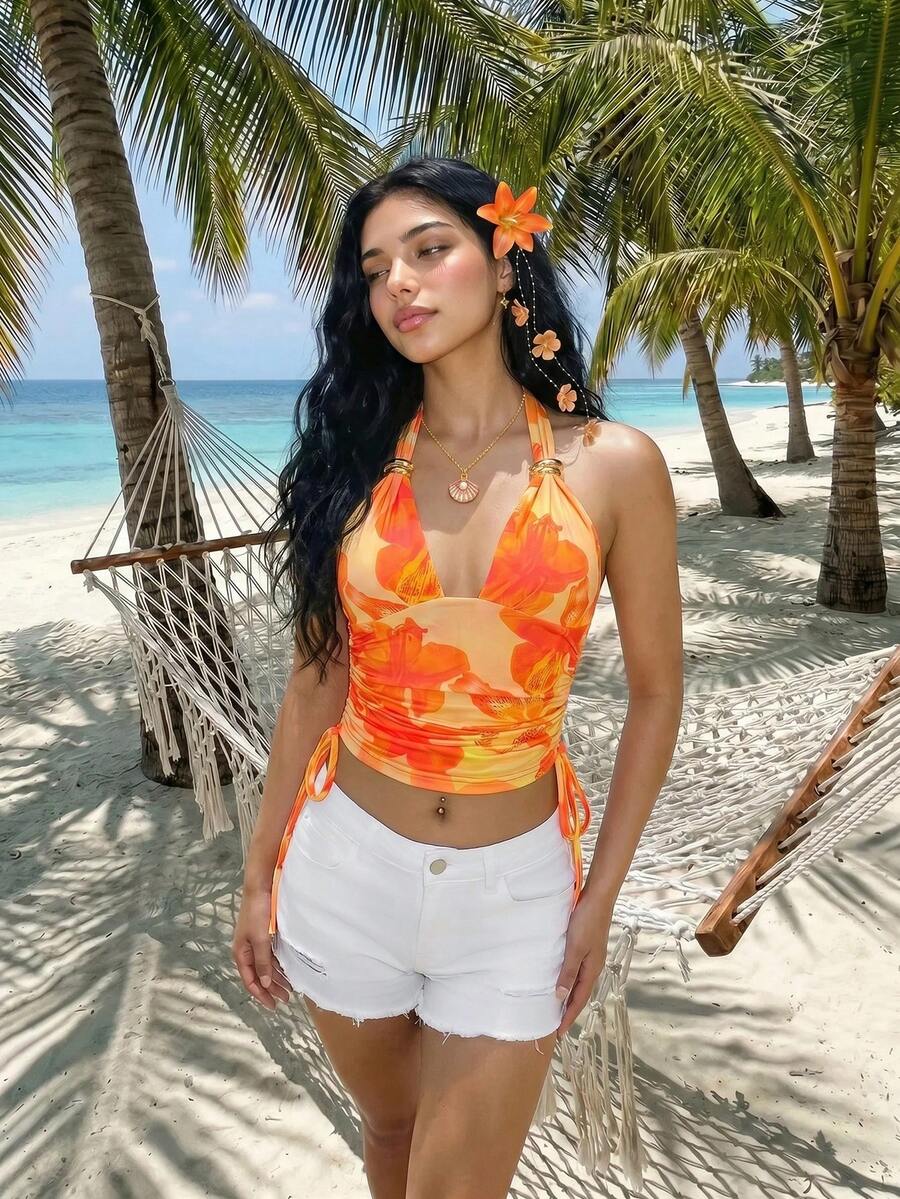 Sweetina Women's Floral Print Fashionable Versatile Metal Buckle Drawstring Halter Neck Tank Top - Orange - View 1