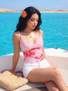 Sweetina 花卉印花蕾絲拼接女款細肩帶背心 - 粉色 - 查看 3