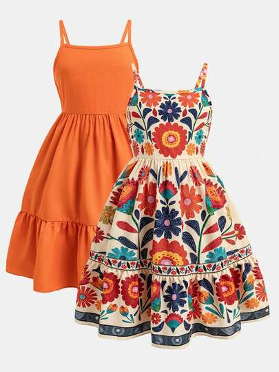 Bright Orange (Tangerine) Solid Color Sleeveless Dress For Young Girls, With A Simple And Elegant Design. It Features A Square Neckline And Thin Straps, With A Two-Layer Ruffled Skirt And A Loose Fit For A Fresh And Energetic Look. White Base Colorful Floral Print Sleeveless Dress, With A Lively And Eye-Catching Style. It Also Has A Thin Strap Design, With Vibrant Red Flowers Printed All Over The Dress Body, And A Decorative Trim On The Skirt Hem, Adding A Playful And Vacation-Like Feel.