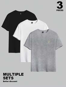 Manfinity Homme 3pcs/Set Men's Casual Solid Color Round Neck Short Sleeve T-Shirts, Versatile For Summer, Holiday - Grey - View 3