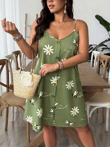 SHEIN VCAY Plus Size Women Daisy Print Sleeveless Button Down Dress - Multicolor - View 5
