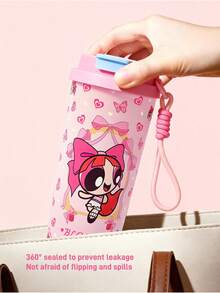 THE POWERPUFF GIRLS X SHEIN 500毫升/16盎司真空隔热不锈钢杯，配1个防漏盖，适用于冷热饮，适用于大多数车载杯架 - 粉色 - 查看 4
