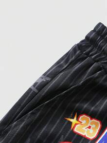 ROMWE MEN Street Life Quần short nam mùa hè kiểu dáng thường ngày, kẻ sọc, in hình ngôi sao và chữ cái. - màu đen - Xem 5