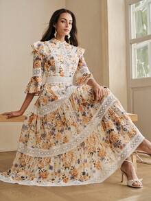 Anewsta Vestido maxi elegante y de alta gama para mujer con diseño de cintura estilizante, estampado digital de contraste y encaje, volantes en el bajo, sin mangas, para resort y citas, primavera/verano - Multicolor - Ver 6
