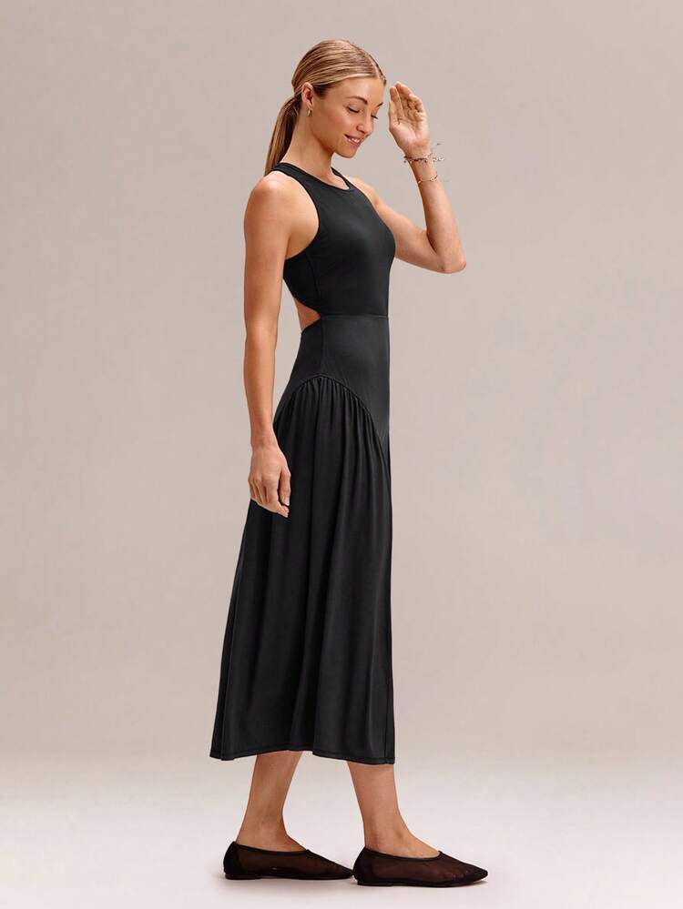SoftCalm Modal Crewneck Cutout Flowy Wide Hem Racerback Maxi Dress With Removable Cups Daily Casual Summer Wear