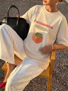 Livesso Blusa holgada y casual de estilo callejero en beige, con cuello redondo y estampado de frutas y letras, camiseta de manga corta básica con vibra de festival de música y vacaciones para mujer, primavera y verano - Beis - Ver 8