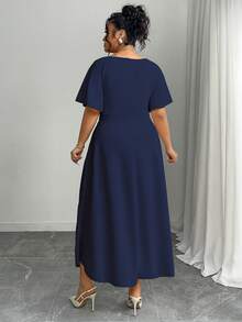 Modelyn Plus Size Navy Blue Summer Elegant Wedding Midi Wrap Dress,Square Neck Flutter Sleeve Cross-Over Bust Waist Cinched A-Line Modest Chic Holiday Outfits - Navy Blue - View 2