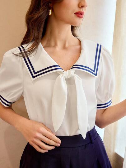 Vintamour 复古乡村风女式衬衫，春夏修身水手领撞色滚边短袖衬衫