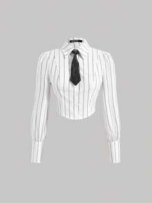 SHEIN MOD Striped Tie Neck Crop Shirt - White - View 1