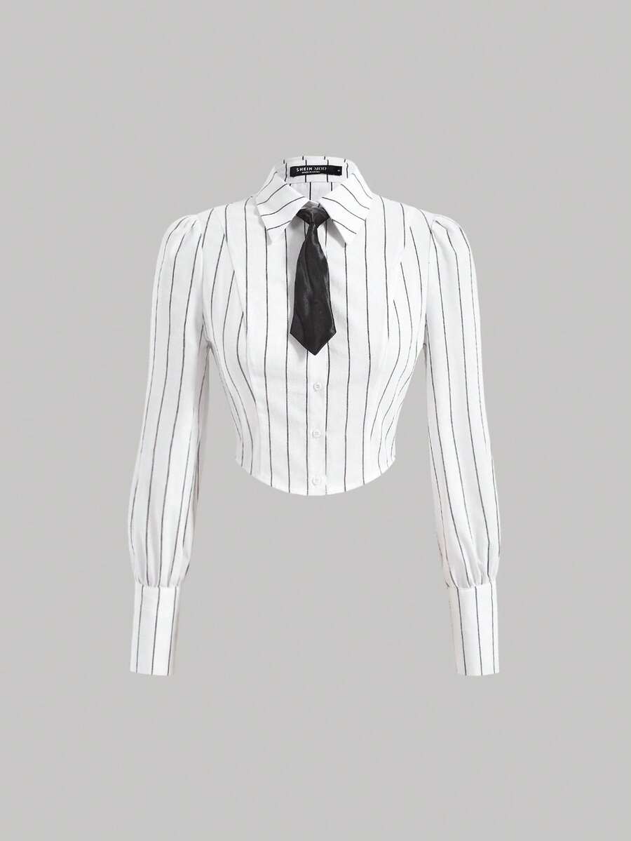 SHEIN MOD Striped Tie Neck Crop Shirt - White - View 1