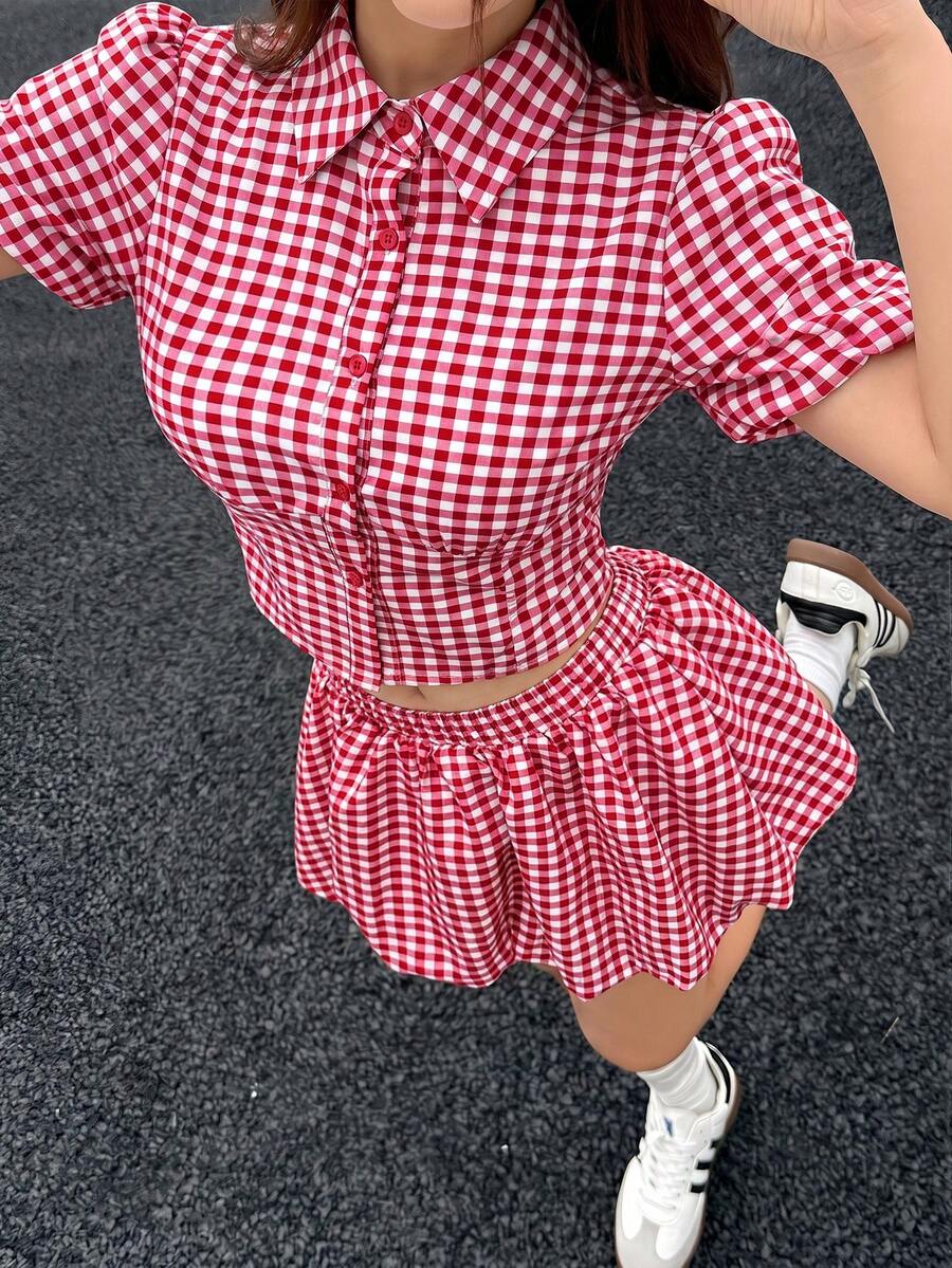 K-Vae Conjunto de camisa de manga abullonada a rayas azules + falda farol, dulce y estilizador, estilo coreano casual y elegante, conjunto de primavera y verano para el trabajo, citas, viajes y campus - Rojo - Ver 1
