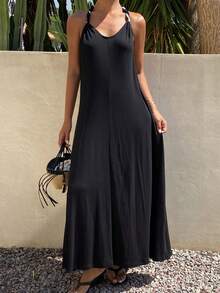 DAZY Women's Elegant Summer Vacation Long Dress With Braided Rope Scarf Decoration, Halter Neck And Backless Design - Black - View 3