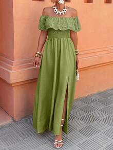 Flora Isola Flora Isola Women's Summer Beach Vacation Solid Color Schiffy Ruffle Trim Cinched Waist High Slit Dress - Limelight Green - View 3