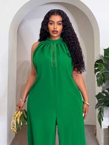 Slaydiva Bộ jumpsuit mùa hè thanh lịch dành cho nữ, màu xanh lá cây, cổ yếm, khoét eo, dáng rộng, kiểu harem, trang phục thường ngày năng động, đi nghỉ mát, phong cách đường phố thời thượng dành cho phái nữ. - màu xanh lá - Xem 5
