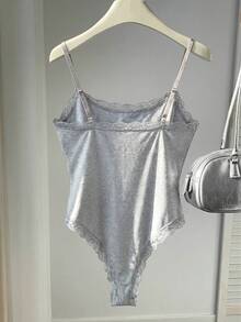 Comfortcana Women's Lace Patchwork Casual Bodysuit, Light Gray - Light Grey - View 2