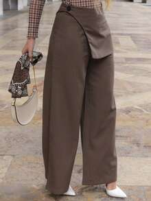 Elenary Edit Women Brown Overlay Formal Pants, Suitable For Back To School Season, Workwear In Fall/Winter, Wide Leg Pants,Fall,Fall Clothes For Women - Brown - View 6