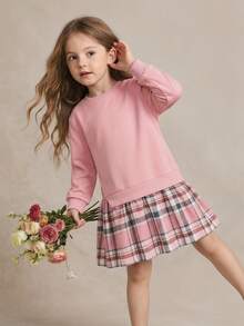 SHEIN Young Girl Casual Commuting School Style Plaid Hem 2 In 1 Sweatshirt Dress, Autumn/Spring - Pink - View 13