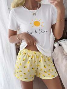 SHEIN Mediterranean Chic: 'Rise & Shine' Sun Graphic Tee & Allover Lemon Print Short Pajama Set - Yellow - View 1