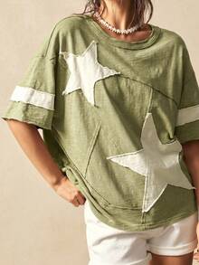 Bohemela Plus Size Women Summer Casual Fashionable Street Daily Commute Contrast Color Star Patch Loose T-Shirt - Army Green - View 6