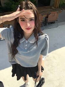 DAZY 女士休闲翻领短袖T恤 - 灰色 - 查看 4