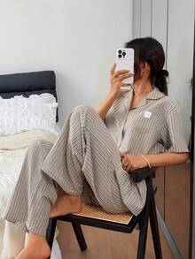 DAZY 女士条纹印花落肩宽松衬衫长裤睡衣套装，适合春、夏、秋季穿着 - 卡其色 - 查看 7