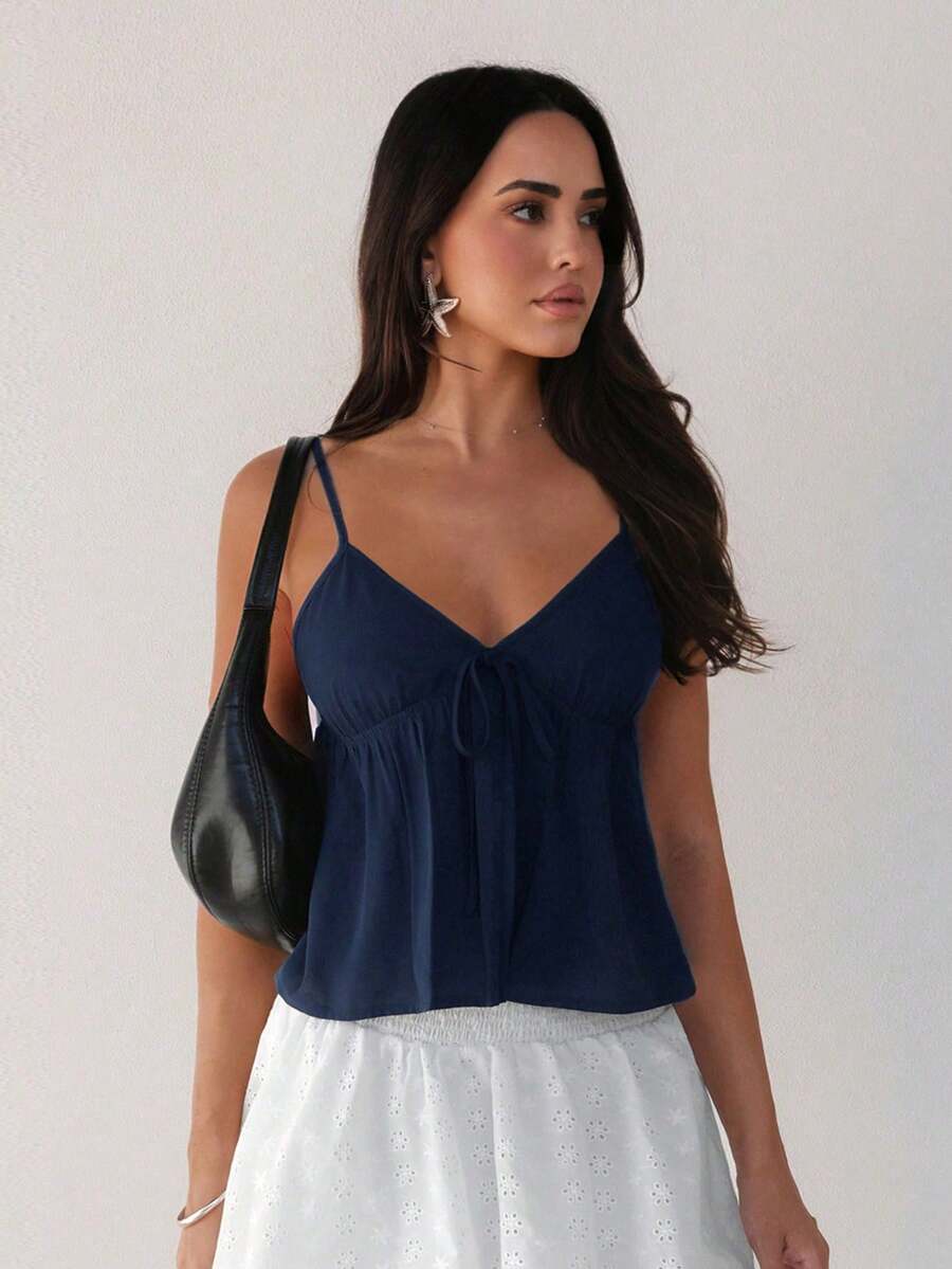 Rafferiza Plus Size Women Solid Color Front Tie Camisole - Blue - View 1