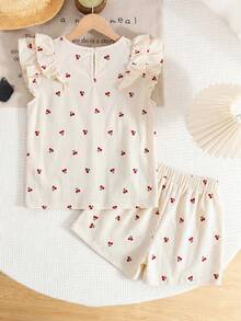 SHEIN LMoss Kids Tween Girl 2 Pieces Set: Casual Comfortable Round Neck Ruffle Blouse And Pants - Multicolor - View 2
