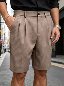 Manfinity Bizformal 男士直筒直條紋休閒短褲，附腰帶環、拉鍊與彈性腰圍，正式度假風 - 卡其色 - 查看 4