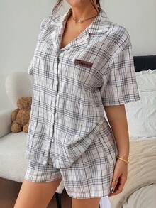 DAZY Bộ đồ ngủ nữ kẻ caro gồm áo và quần short - trắng - Xem 3