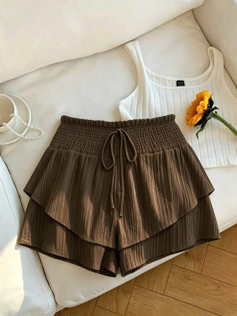 EMERY ROSE CURVE Plus Size Women Summer Solid Color Textured Fabric Shirred Waist Double Layer Leg Design Shorts Beach Chocolate Brown Casual - Brown - View 1