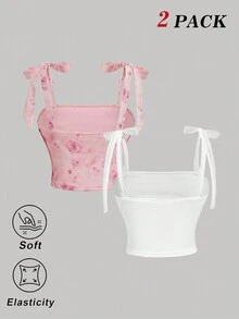 Top corto de mujer de 2 piezas con tirantes anudados, flores blancas y rosas, estilo vintage fruncido, para verano, vacaciones tropicales, festival bohemio y fiesta - Rosa - Ver 7