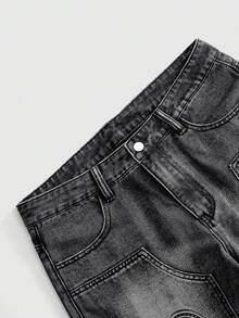 ROMWE MEN Street Life Men's Paisley Print Contrast Color Slant Pocket Casual Denim Shorts - Black - View 3