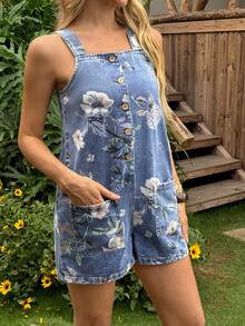 Breezaya Bộ áo liền quần denim nữ kiểu dáng thường ngày in hoa có túi, thích hợp cho mùa hè. - Nhiều màu - Xem 4