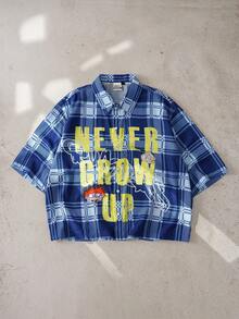 Nick 90s | SHEIN Men's Slogan Plaid Short Sleeve Casual Shirt, Nick 90s - Blue - View 3
