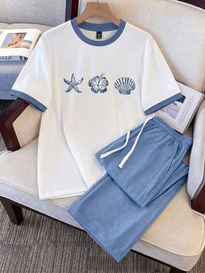 Manfinity Joysei Conjunto de pijama de verano con puños de contraste retro, de 2 piezas para hombre, con diseño de cintura con cordón, adecuado para uso casual en casa