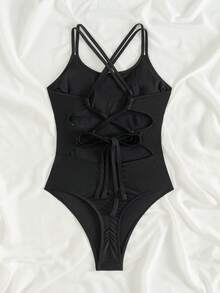 Swim SXY 女式露背交叉带褶皱侧连体泳衣，夏季性感时尚沙滩装 - 黑色 - 查看 5