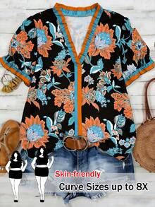 SHEIN CURVE+ Plus Size Woven Printed Casual Boho Resort Summer Women's Shirt Vacation Black - Black - View 3