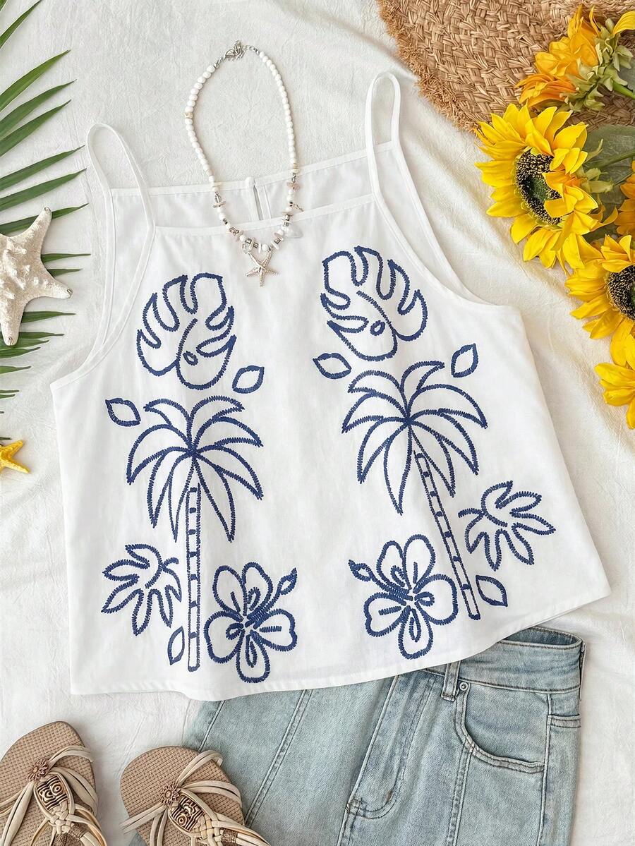 Travachic Women's Summer Casual Vacation Tropical Plant Embroidery Camisole,Summer Top - Blue and White - View 1