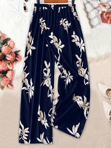 Linhara Pantalones casuales de talla grande con estampado de bloques de color - Azul Marino - Ver 2