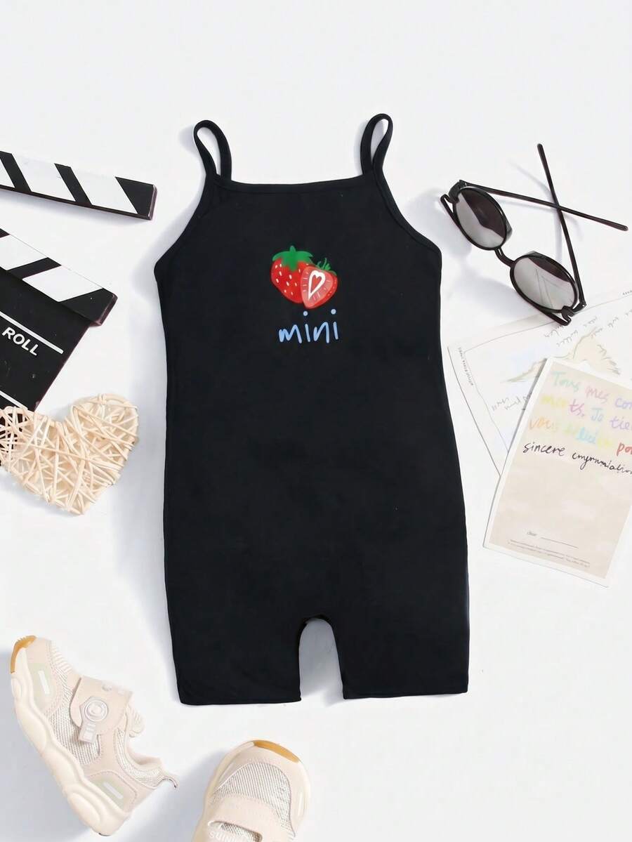 Bộ áo liền quần họa tiết hoạt hình tối giản, thoải mái cho bé gái, thích hợp cho mùa hè. - màu đen - Xem 1